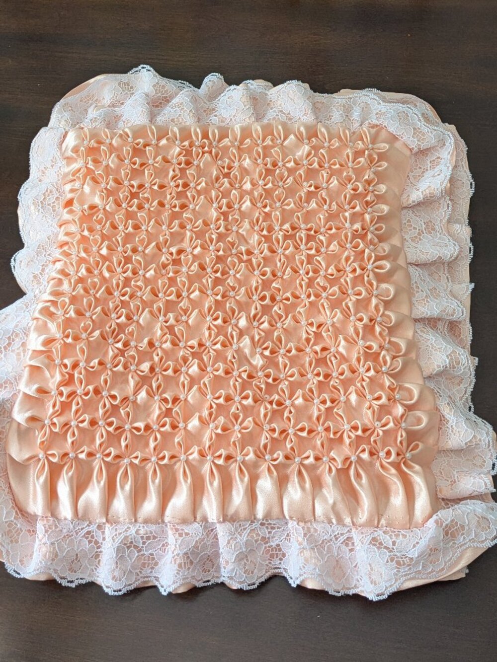 Boho-style coral cushion cover, handmade and embellished with pearls. New